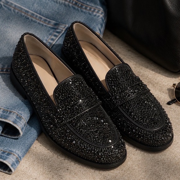 Betsey Johnson Shoes - Betsey Johnson Aron Penny Loafers Womens 7.5 Black Rhinestone Embellished